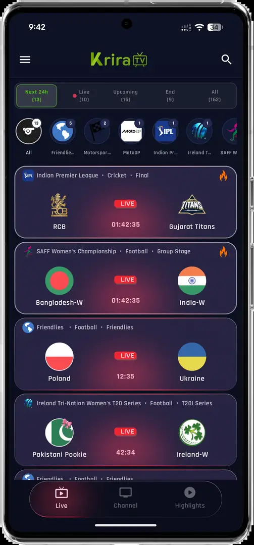 Krira TV Android app home screen showing live sports listings